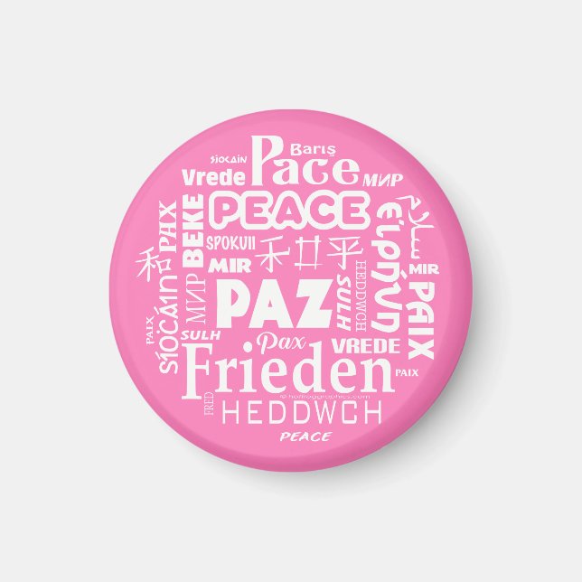 Magnet 6cm disc multilingual peace words (Front)