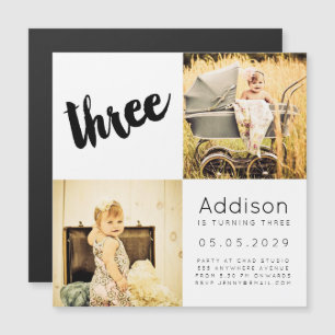 MAGNET Baby Boy Girl THREE 3rd Birthday Photo Card