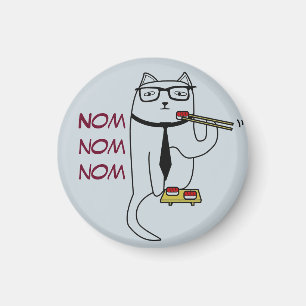 Magnet of a cute cat in a tie eating sushi