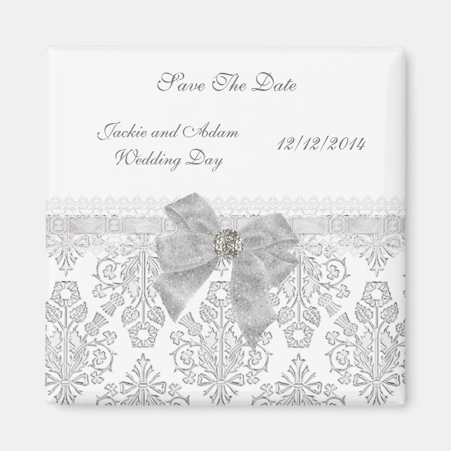 Magnet Save The Date Wedding Damask White (Front)
