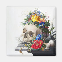 Magnet with skull and flowers scene.