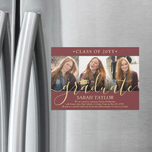 Magnetic 3 Photo Burgundy Graduation Announcement