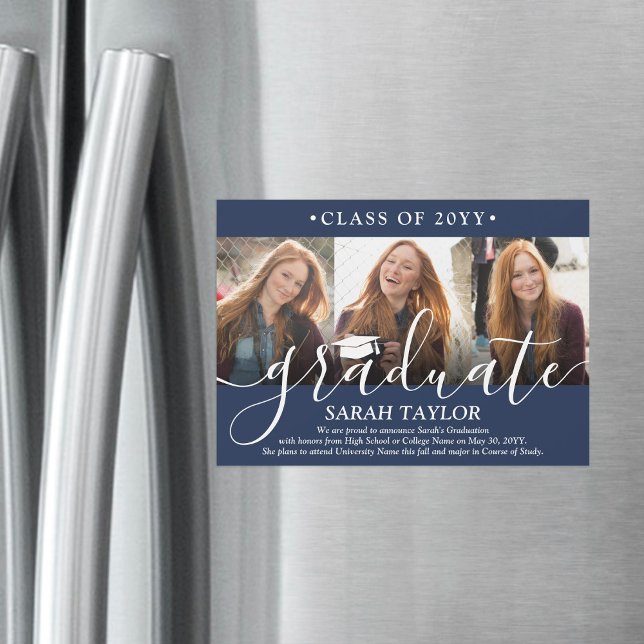 Magnetic 3 Photo Navy Blue Graduation Announcement (Creator Uploaded)
