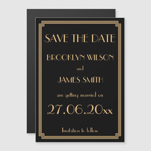 Magnetic Art Deco Black Wedding Save The Date Invitation (Front/Back)