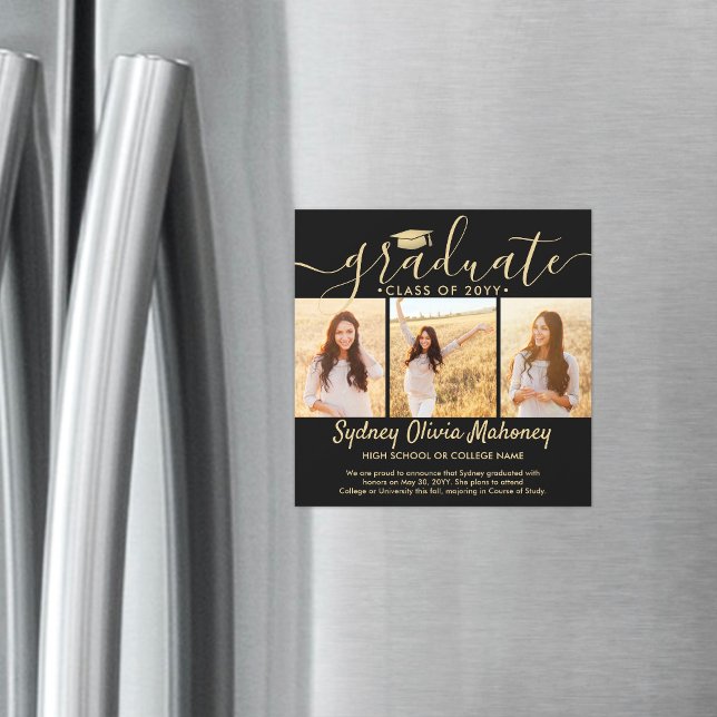 Magnetic Black Gold Graduation Photo Announcement (Creator Uploaded)