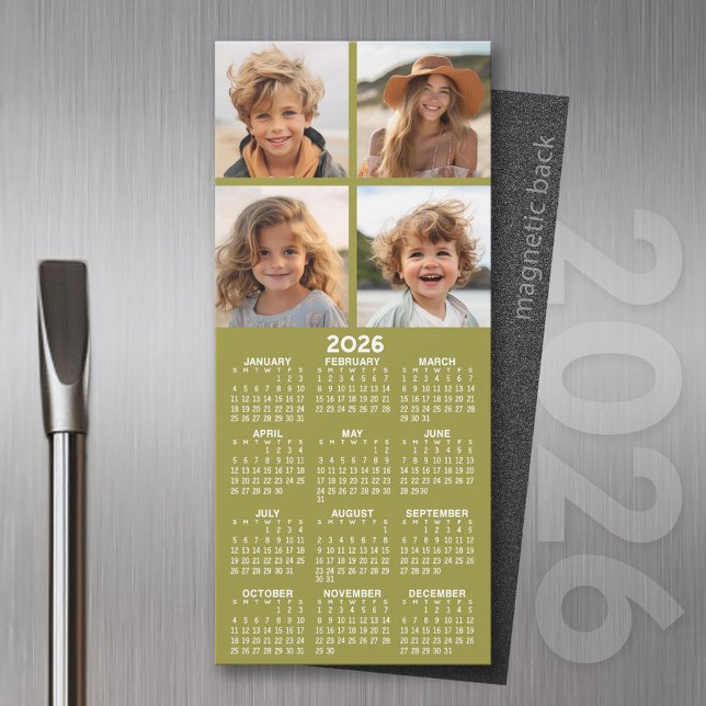 Magnetic Calendar with Photo Collage - Olive Green (2026 Calendar Magnet for the Fridge or Home Office - Add a Photo for a Personal Touch)