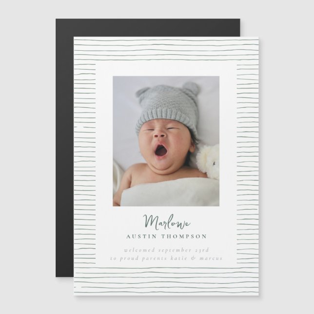 Magnetic Classic Green Striped Birth Announcement (Front/Back)