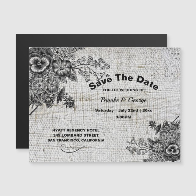 Magnetic Grey/Black Artistic Flowers Save The Date (Front/Back)