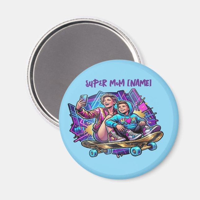 Magnetic Neon Drive: Mother & Son Skater Art Magnet (Front/Back)