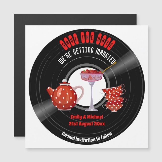 Magnetic Wedding Save The Date Tea Party Record Magnetic Invitation (Front/Back)