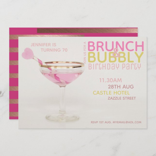 Magnificent 70th BRUNCH BUBBLY Cocktail PINK GOLD Invitation (Front/Back)