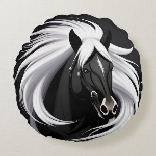 Magnificent Black Horse Round Cushion