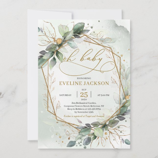 Magnificent boho greendy leaves gold oh baby invitation (Front)
