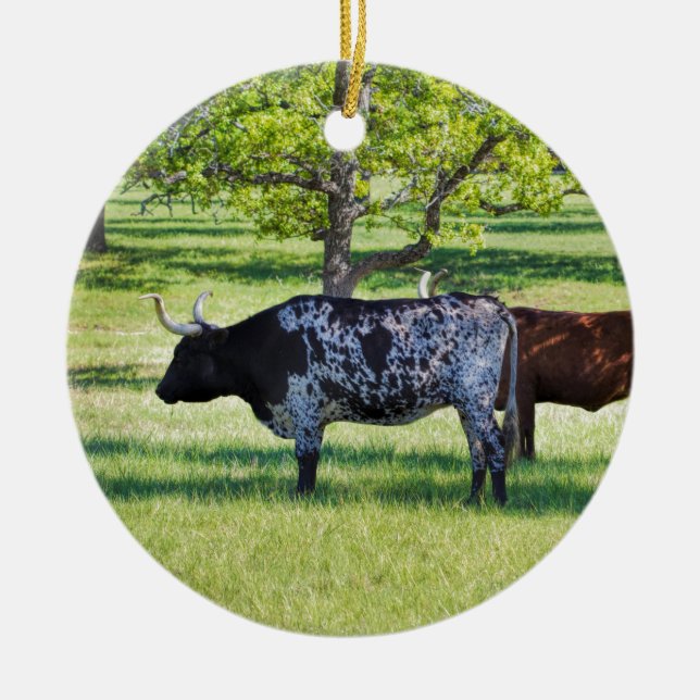 Magnificent Texas Longhorn Steers Ceramic Tree Decoration (Front)