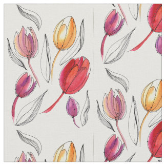 Magnificent watercolor tulips on a white backgroun fabric