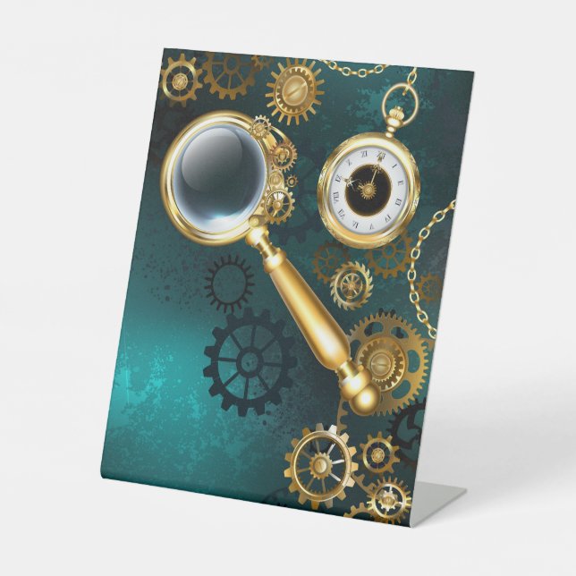 Magnifier in Steampunk Style Pedestal Sign (Front)