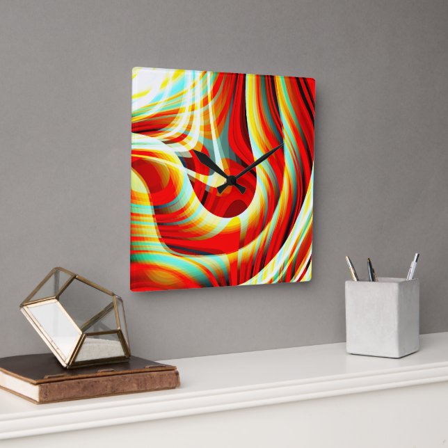 Magnifying curved red strokes overlapping in mess  square wall clock (Office)
