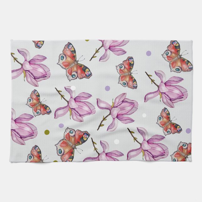 Magnolia and butterflies, watercolor pattern tea towel (Horizontal)