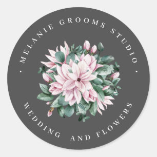 Magnolia and eucalyptus dark grey wedding flowers classic round sticker