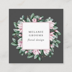 Magnolia and Eucalyptus floral frame pink Square Business Card