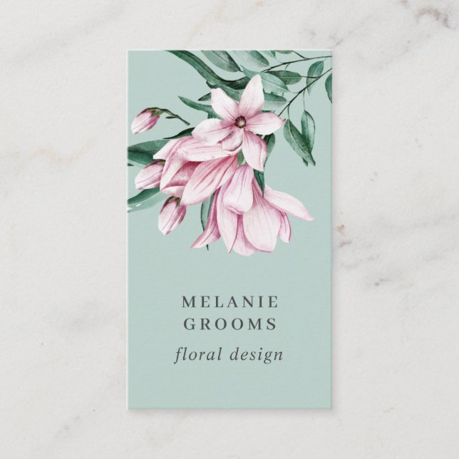 Magnolia and Eucalyptus  green Floral Botanical Business Card (Front)