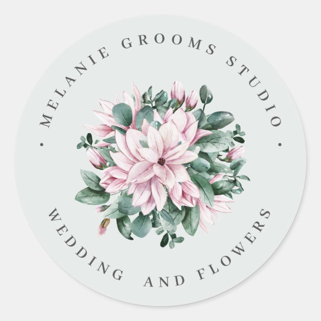 Magnolia and eucalyptus grey wedding flowers classic round sticker (Front)