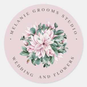 Magnolia and eucalyptus pink flowers business classic round sticker