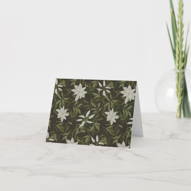 Magnolia and green leaves on black thank you card (Front)