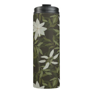 Magnolia and green leaves on black thermal tumbler