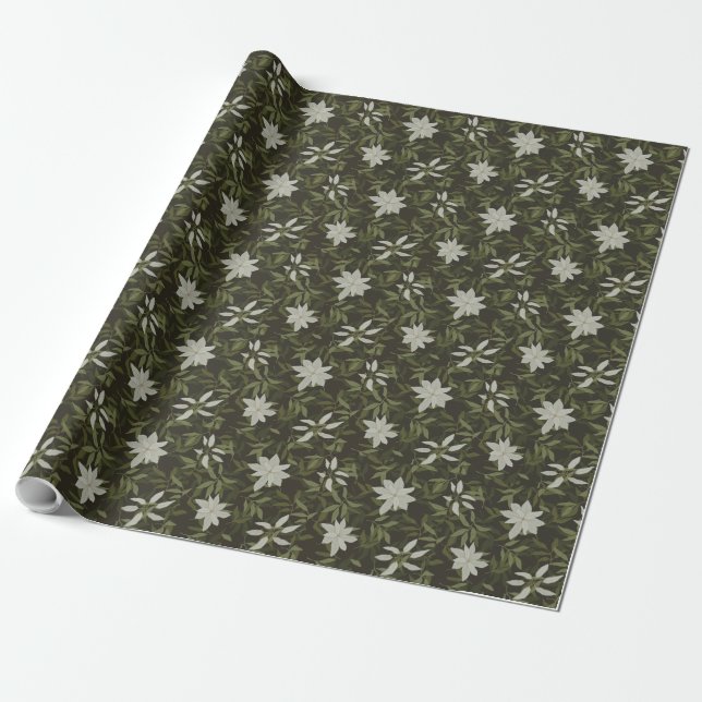 Magnolia and green leaves on black wrapping paper (Unrolled)
