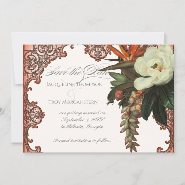Magnolia Bird of Paradise Tropical Floral Orange Invitation (Front)