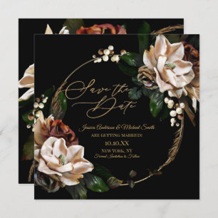 Magnolia Black Gold Wreath Floral Save the Date Invitation