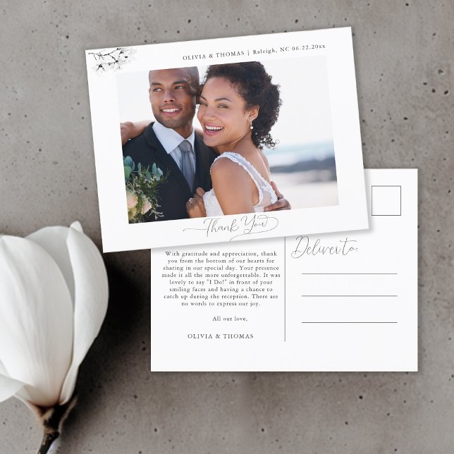 Magnolia Black White Wedding Photo Thank You Postcard (Magnolia Wedding Photo Thank You Postcard Black and White Modern Classic Elegant Chic)