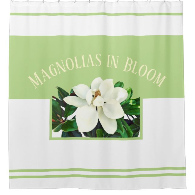 Magnolia Bloom | Green & White Shower Curtain (Front)