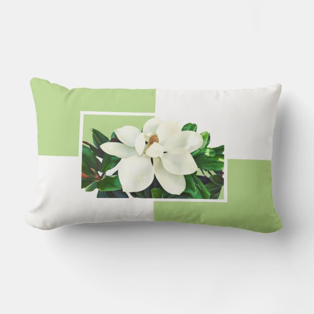 Magnolia Bloom | Green & Yellow Reversible Lumbar Cushion (Front)