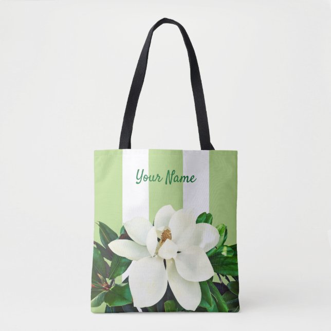 Magnolia Bloom | Personalised Green & White Tote Bag (Front)
