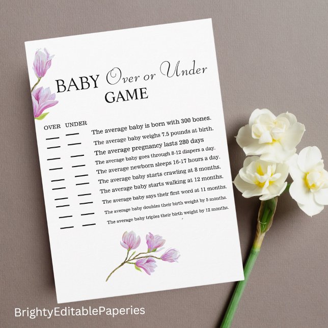 Magnolia Blossom Over or Under Baby Shower Game Card (Creator Uploaded)
