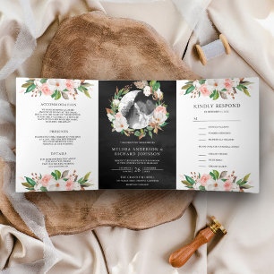 Magnolia Blush Pink Floral Wreath Black Wedding Tri-Fold Invitation