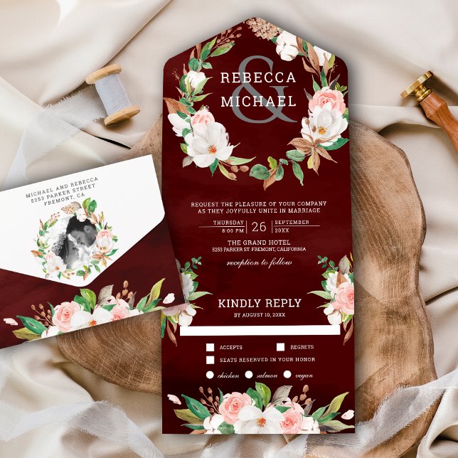 Magnolia Blush Pink Floral Wreath Burgundy Wedding All In One Invitation (Creator Uploaded)