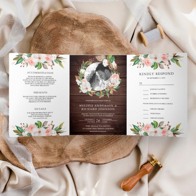 Magnolia Blush Pink Floral Wreath Wood Wedding Tri-Fold Invitation (Creator Uploaded)