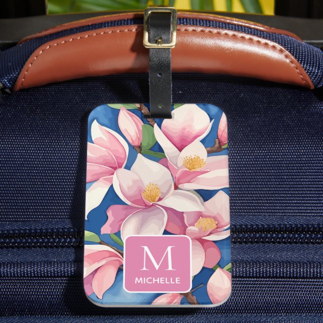 Magnolia Botanical Modern Art Pink Monogram Luggage Tag (Front Insitu 2)