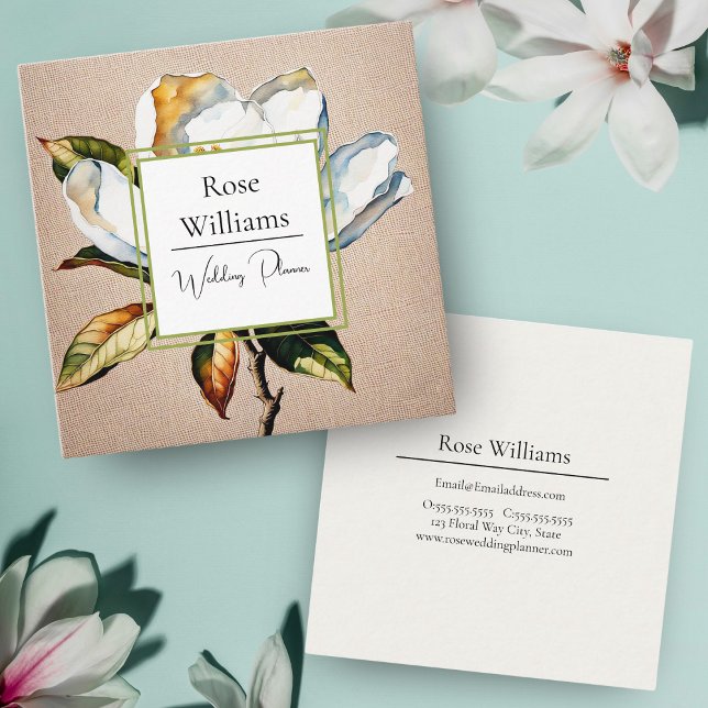 Magnolia Botanical Still Life Elegant Floral Square Business Card (Stunning magnolia still life: Perfect for elegant floral businesses.)