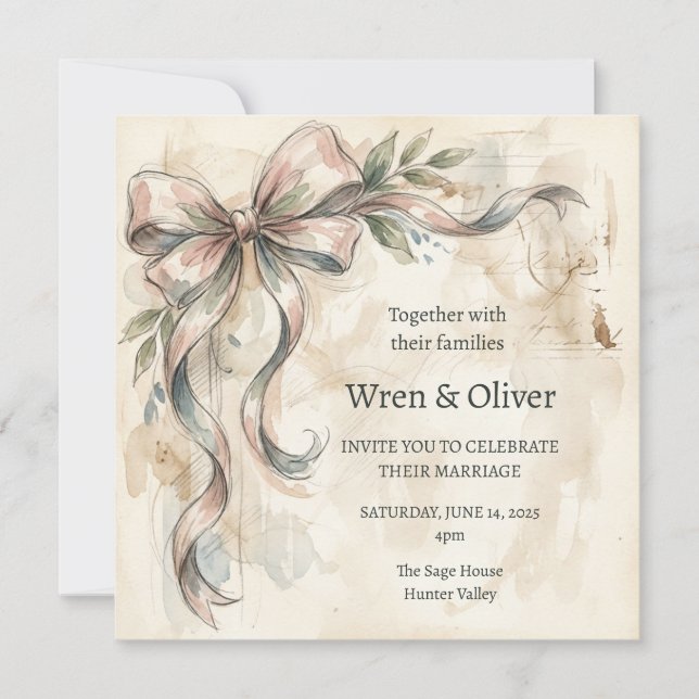Magnolia Bow Wedding Invitation (Front)