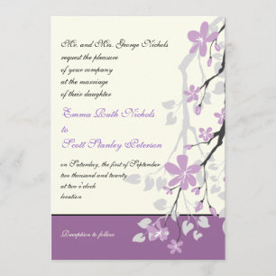 Magnolia branch purple flowers wedding invitation