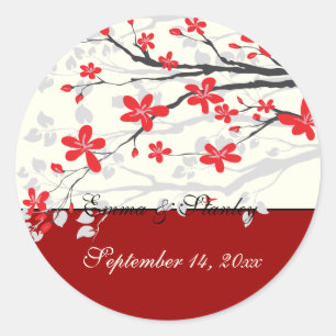 Magnolia branch red wedding Save the Date sticker