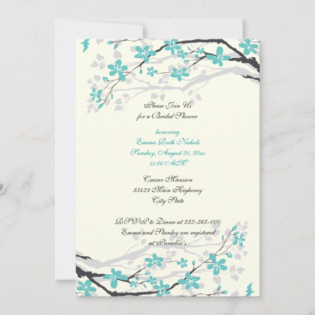 Magnolia branch turquoise bridal shower invitation (Front)