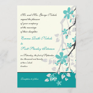 Magnolia branch turquoise wedding invitation