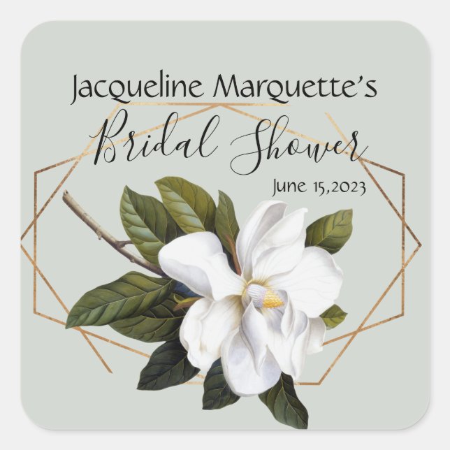 Magnolia Bridal Shower with Gold and Sage Square Sticker (Front)