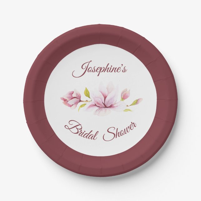 Magnolia Burgundy Floral Bridal Shower Paper Plate (Front)