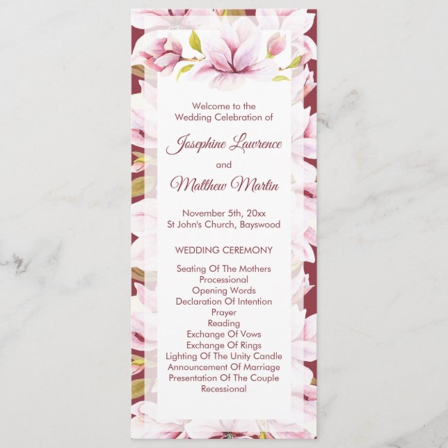 Magnolia Burgundy Floral Wedding Ceremony Programme (Front)